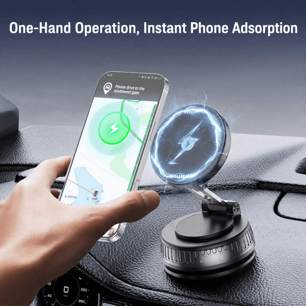 VAMOUT Magnetic Wireless Car Mount Charger, 15W Wireless Fast Charging Magnetic Phone Holder for Car with Vacuum Suction Cup, 360° Rotatable Phone Mount for iPhone 17~12 Pro Max & Android
