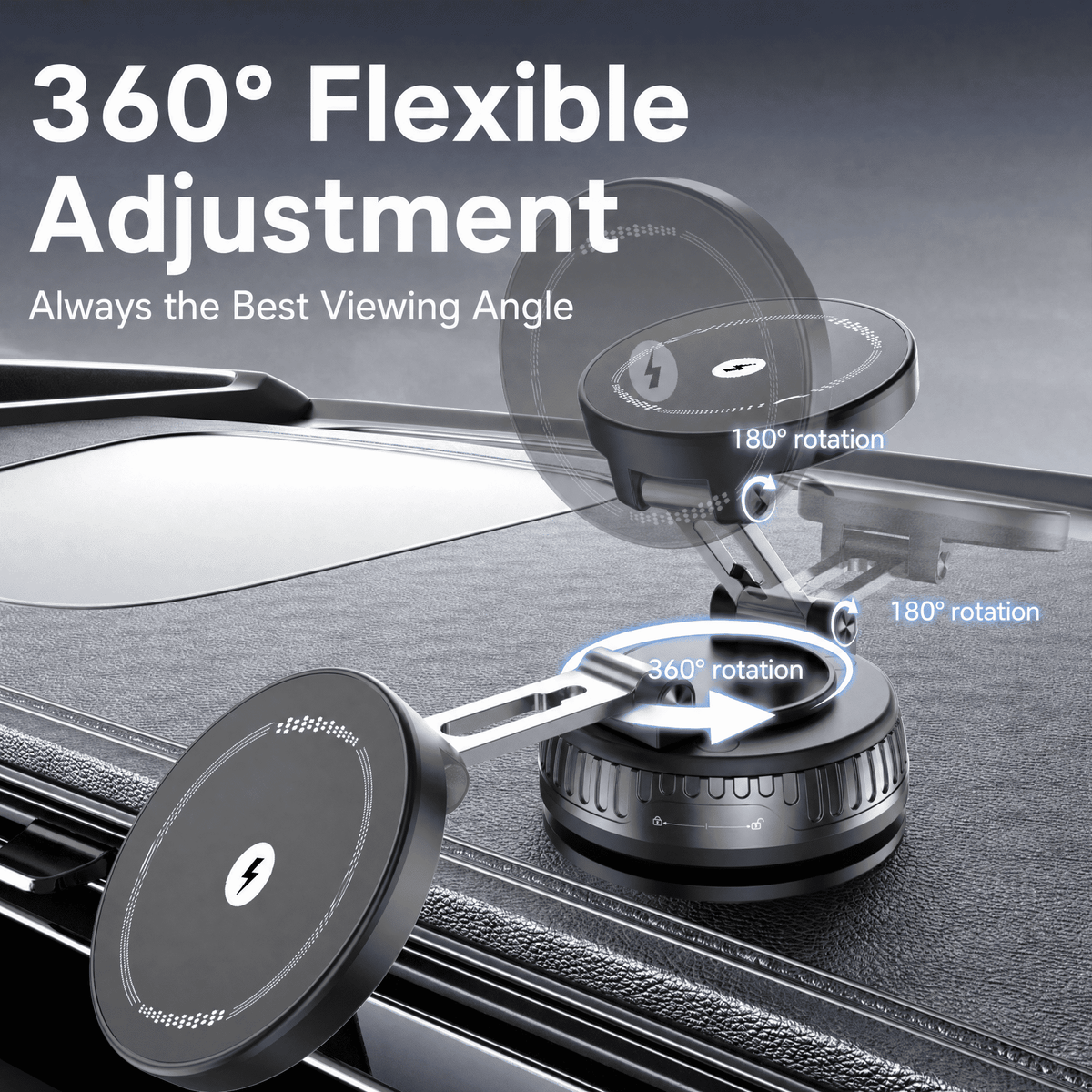 VAMOUT Magnetic Wireless Car Mount Charger, 15W Wireless Fast Charging Magnetic Phone Holder for Car with Vacuum Suction Cup, 360° Rotatable Phone Mount for iPhone 17~12 Pro Max & Android