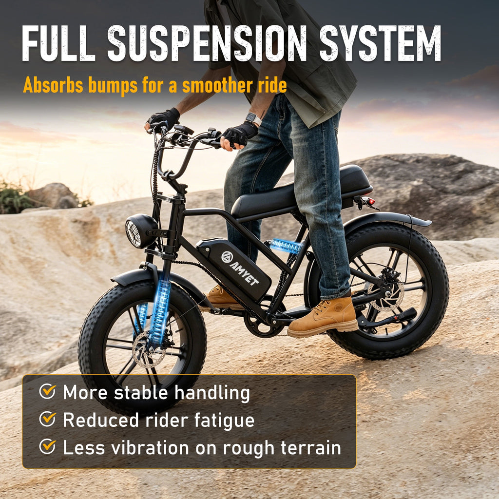 AMYET G60 Electric Bike for Adults, 750W Motor, 20 MPH, 48V 20Ah 960Wh Battery, 20" x 4" Fat Tires, Full Suspension, UL 2849