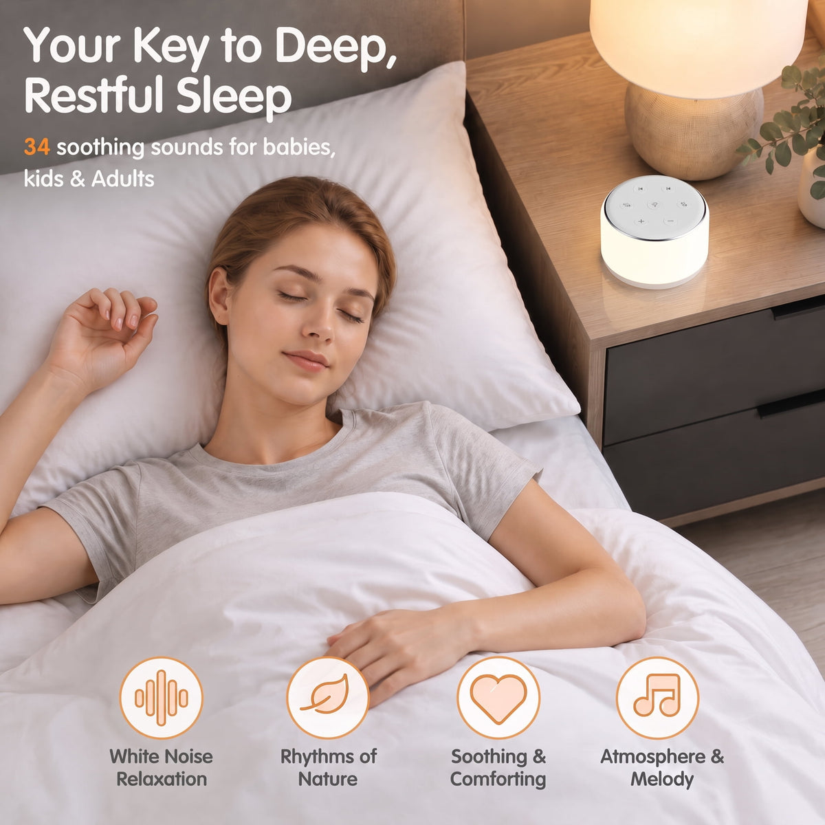 VAMOUT Sound Machine with Rgb Night Light, 34 Soothing Sounds & Timer Function, Rechargeable White Noise Machine for Adults Baby Kids Sleep, Perfect for Home Office Travel