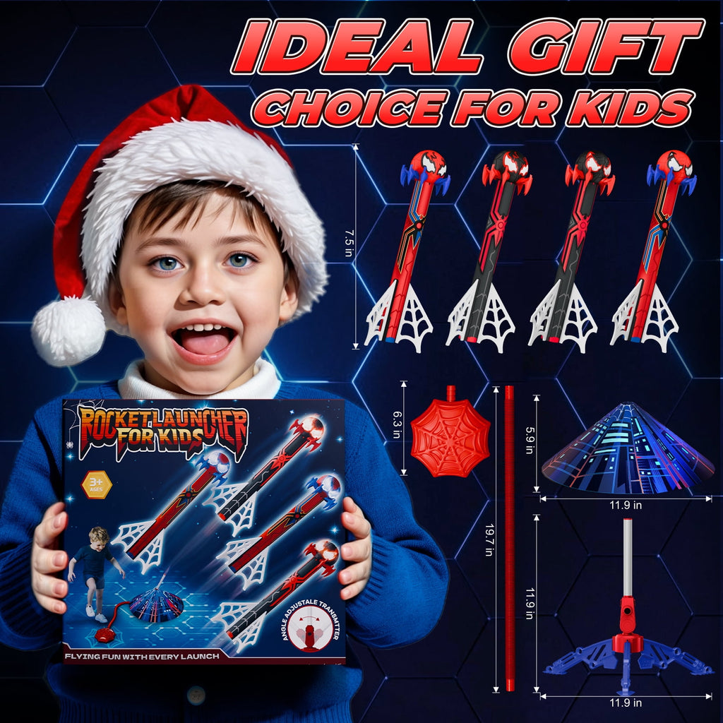 Aogsiyt Rocket Launcher for Kids, 4 Foam Rockets with Web Air Pump, Stomping Launch Toys, Outdoor Spider Toys Gifts for Boys Girls Age 3-10