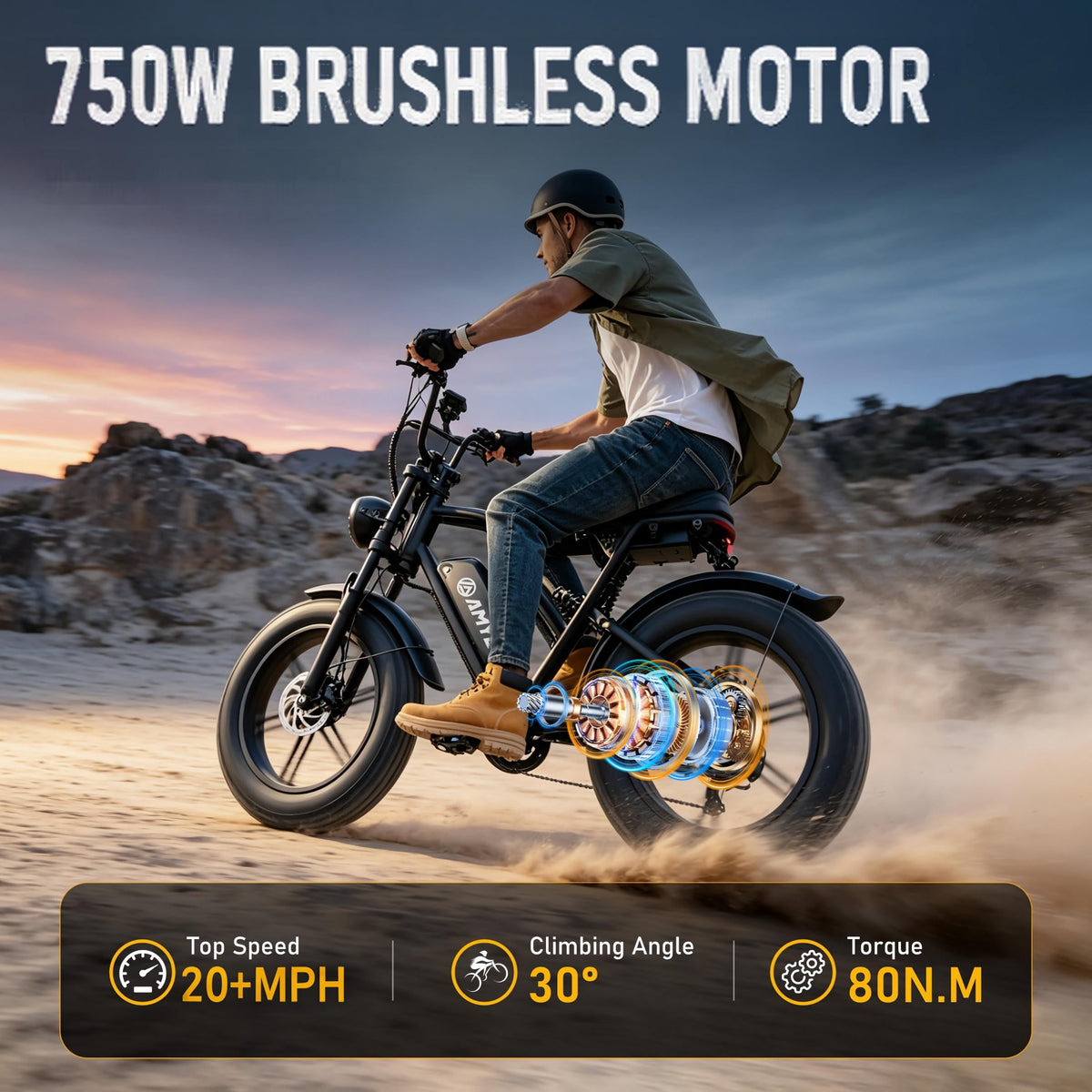 AMYET G60 Electric Bike for Adults, 750W Motor, 20 MPH, 48V 20Ah 960Wh Battery, 20" x 4" Fat Tires, Full Suspension, UL 2849