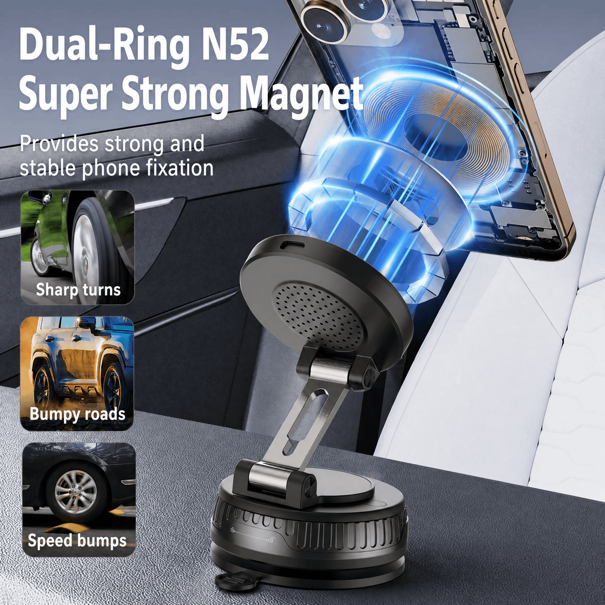VAMOUT Magnetic Wireless Car Mount Charger, 15W Wireless Fast Charging Magnetic Phone Holder for Car with Vacuum Suction Cup, 360° Rotatable Phone Mount for iPhone 17~12 Pro Max & Android