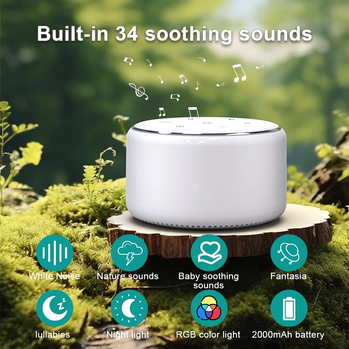 VAMOUT Sound Machine with Rgb Night Light, 34 Soothing Sounds & Timer Function, Rechargeable White Noise Machine for Adults Baby Kids Sleep, Perfect for Home Office Travel
