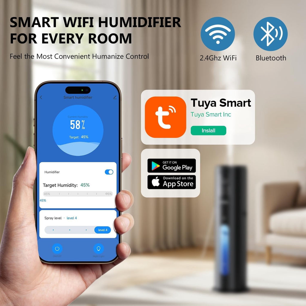 Humidifiers for Bedroom Large Room with 7L/1.85Gal Large Humidifier, 24H Timer Smart App & Remote Control, 4 Mist Levels Room Humidifier for Bedroom Crow