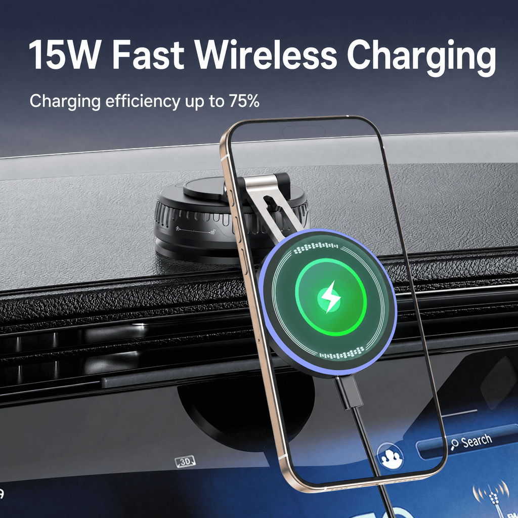 VAMOUT Magnetic Wireless Car Mount Charger, 15W Wireless Fast Charging Magnetic Phone Holder for Car with Vacuum Suction Cup, 360° Rotatable Phone Mount for iPhone 17~12 Pro Max & Android