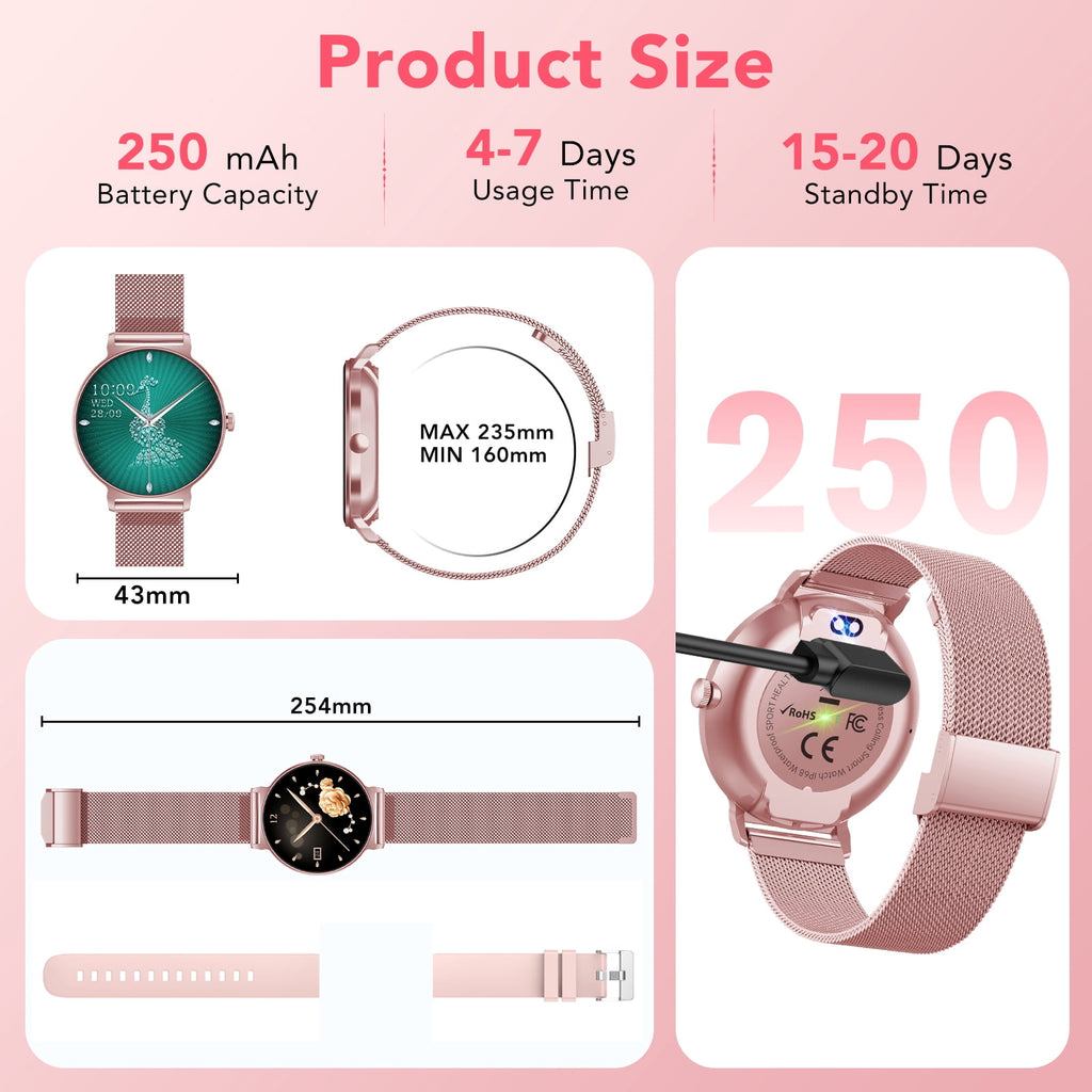 Smart Watch for Women, 1.27" HD Thin Face Smartwatch Compatible with iPhone/Android (Answer/Make Calls), IP68 Waterproof, 100+ Sport Modes Fitness Tracker with 2 Bands