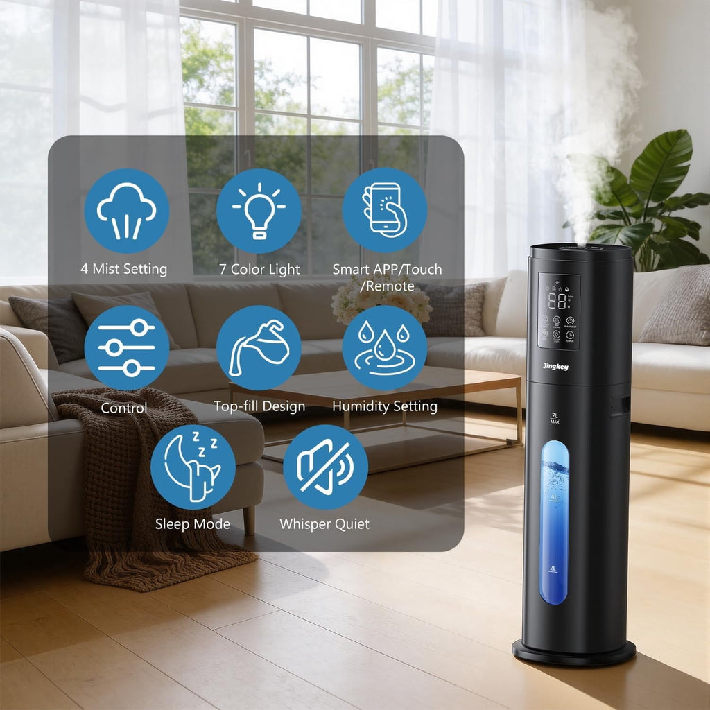 Humidifiers for Bedroom Large Room with 7L/1.85Gal Large Humidifier, 24H Timer Smart App & Remote Control, 4 Mist Levels Room Humidifier for Bedroom Crow