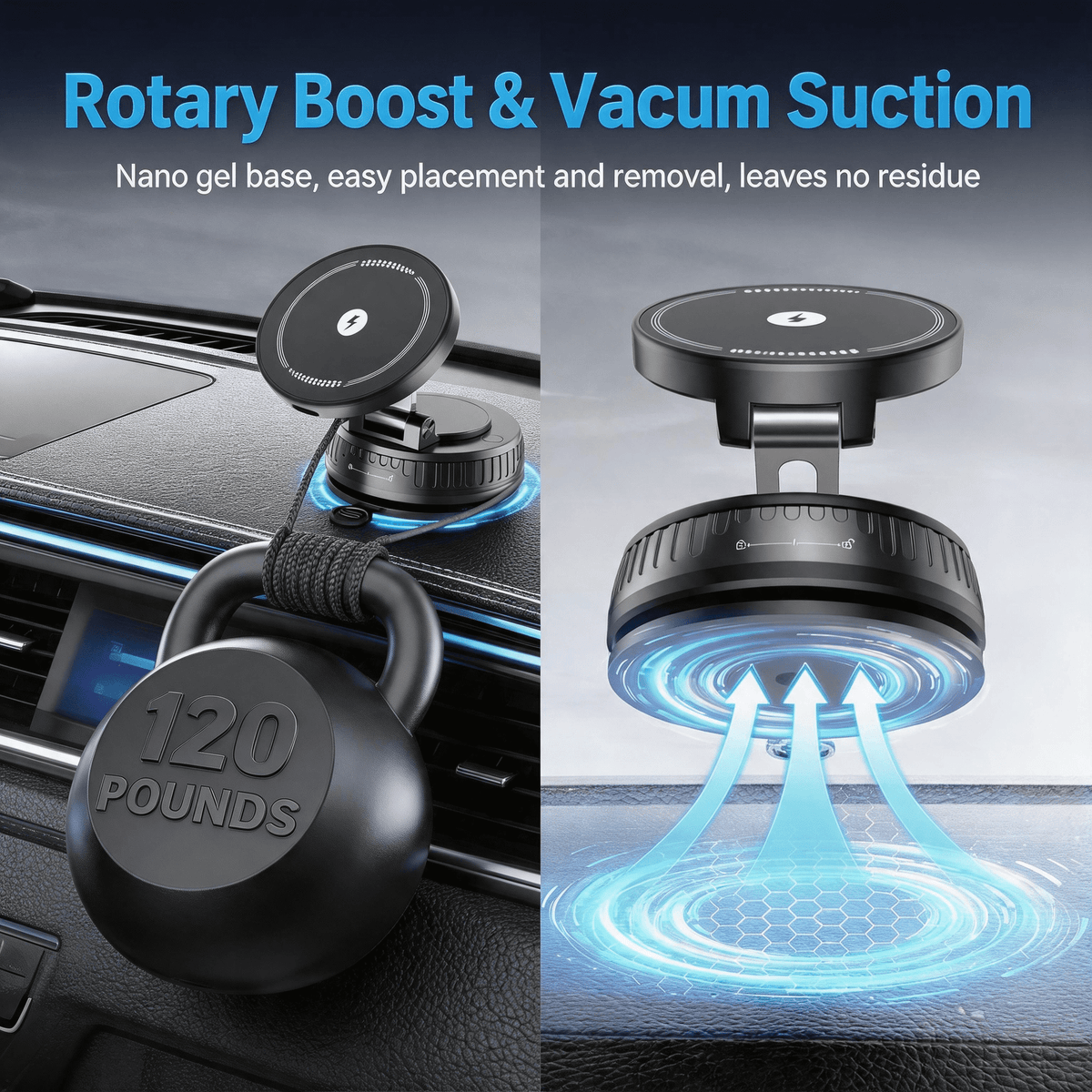 VAMOUT Magnetic Wireless Car Mount Charger, 15W Wireless Fast Charging Magnetic Phone Holder for Car with Vacuum Suction Cup, 360° Rotatable Phone Mount for iPhone 17~12 Pro Max & Android