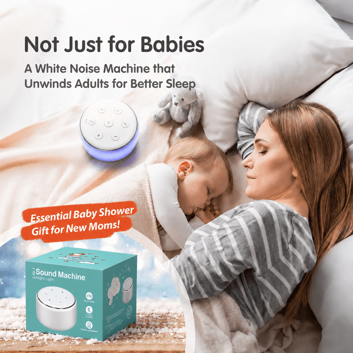 VAMOUT Sound Machine with Rgb Night Light, 34 Soothing Sounds & Timer Function, Rechargeable White Noise Machine for Adults Baby Kids Sleep, Perfect for Home Office Travel