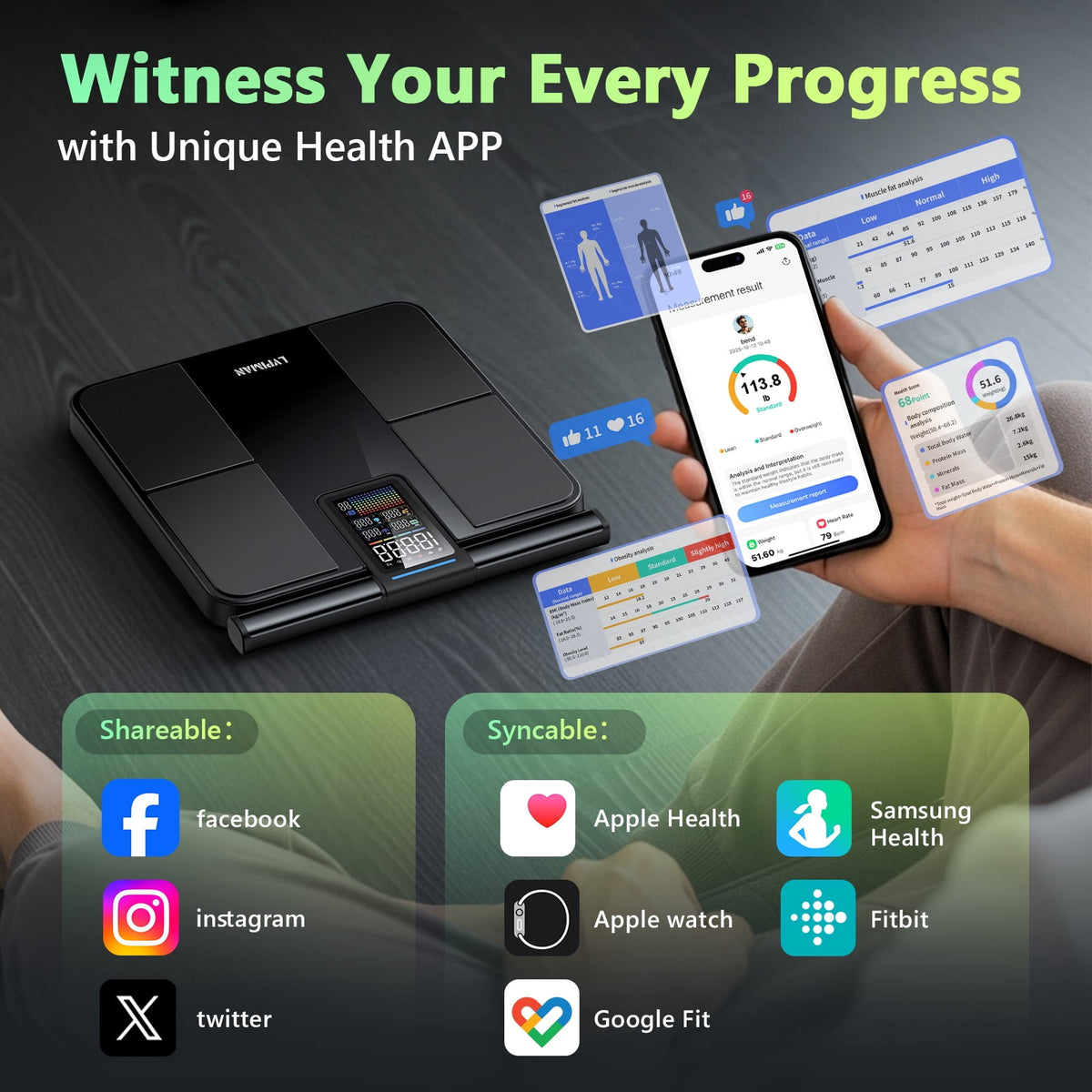 Smart WiFi Body Fat Scale, 57 Body Composition Metrics, 5.25in Retractable VA Screen, 8-Electrode Scale, 485 lbs, Bluetooth & Wi-Fi Sync