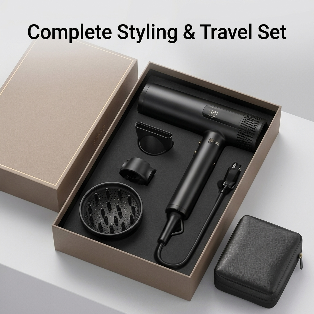 Professional High Speed Hair Dryer with Smart LCD Display, Negative Ionic Blow Dryer for Fast Drying, Precise Temp Control Hairdryer with Diffuser & Nozzles, Complete Travel Gift Set for Women