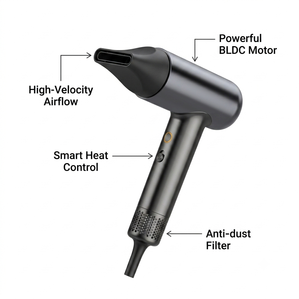 High-Speed Hair Dryer, 110,000 RPM Powerful BLDC Motor, Ionic Blow Dryer with Magnetic Nozzle & Smart Heat Control, Lightweight Fast Drying Hairdryer for Home and Travel