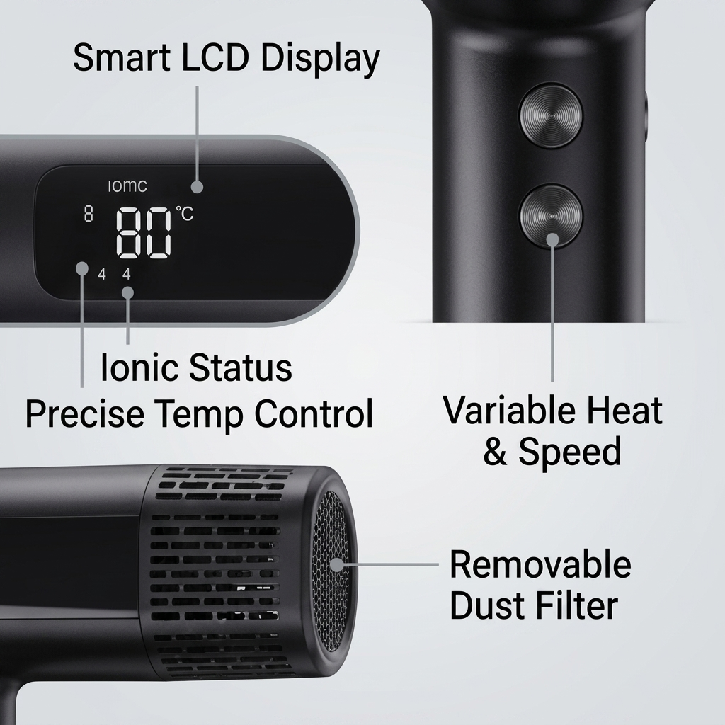 Professional High Speed Hair Dryer with Smart LCD Display, Negative Ionic Blow Dryer for Fast Drying, Precise Temp Control Hairdryer with Diffuser & Nozzles, Complete Travel Gift Set for Women