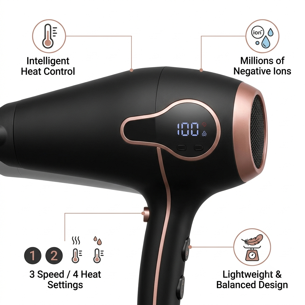 High-Speed Ionic Hair Dryer with Intelligent Heat Control - Professional Blow Dryer with 5 Magnetic Nozzles, Diffuser, Digital LED Display, 3 Speed & 4 Heat Settings for Fast Drying & Anti-Frizz (Matte Black & Rose Gold)