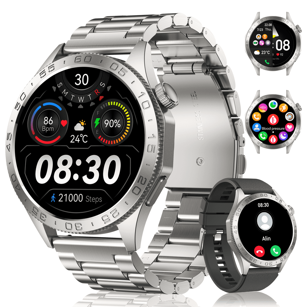 Smart Watch for Men(Answer/Dial Calls), 1.43'' AMOLED/100 Sports Modes, 5ATM Waterproof Fitness Watch with Fitness Tracking Fits for Android and iOS Smartwatch Silver Steel