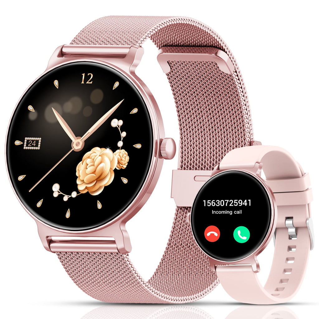 Smart Watch for Women, 1.27" HD Thin Face Smartwatch Compatible with iPhone/Android (Answer/Make Calls), IP68 Waterproof, 100+ Sport Modes Fitness Tracker with 2 Bands