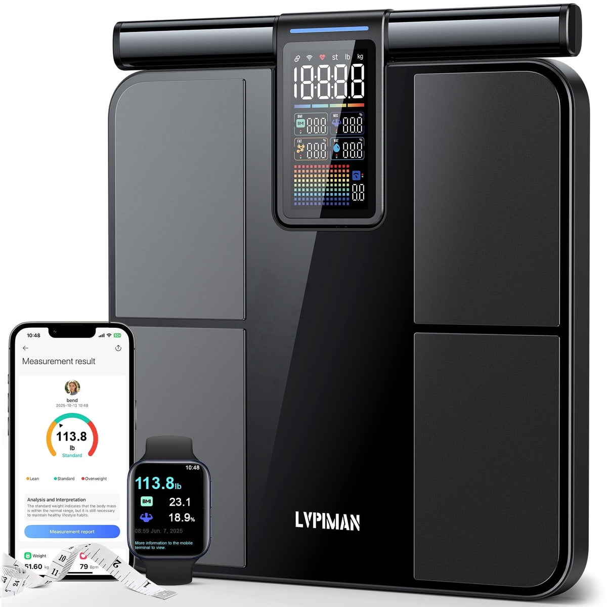 Smart WiFi Body Fat Scale, 57 Body Composition Metrics, 5.25in Retractable VA Screen, 8-Electrode Scale, 485 lbs, Bluetooth & Wi-Fi Sync