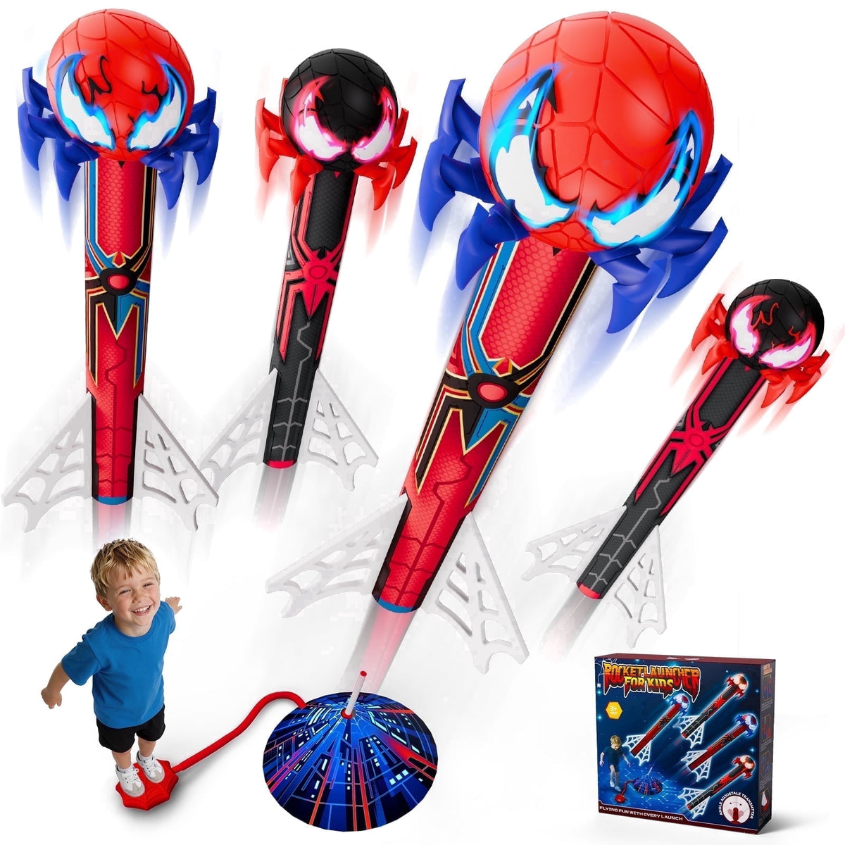 Aogsiyt Rocket Launcher for Kids, 4 Foam Rockets with Web Air Pump, Stomping Launch Toys, Outdoor Spider Toys Gifts for Boys Girls Age 3-10