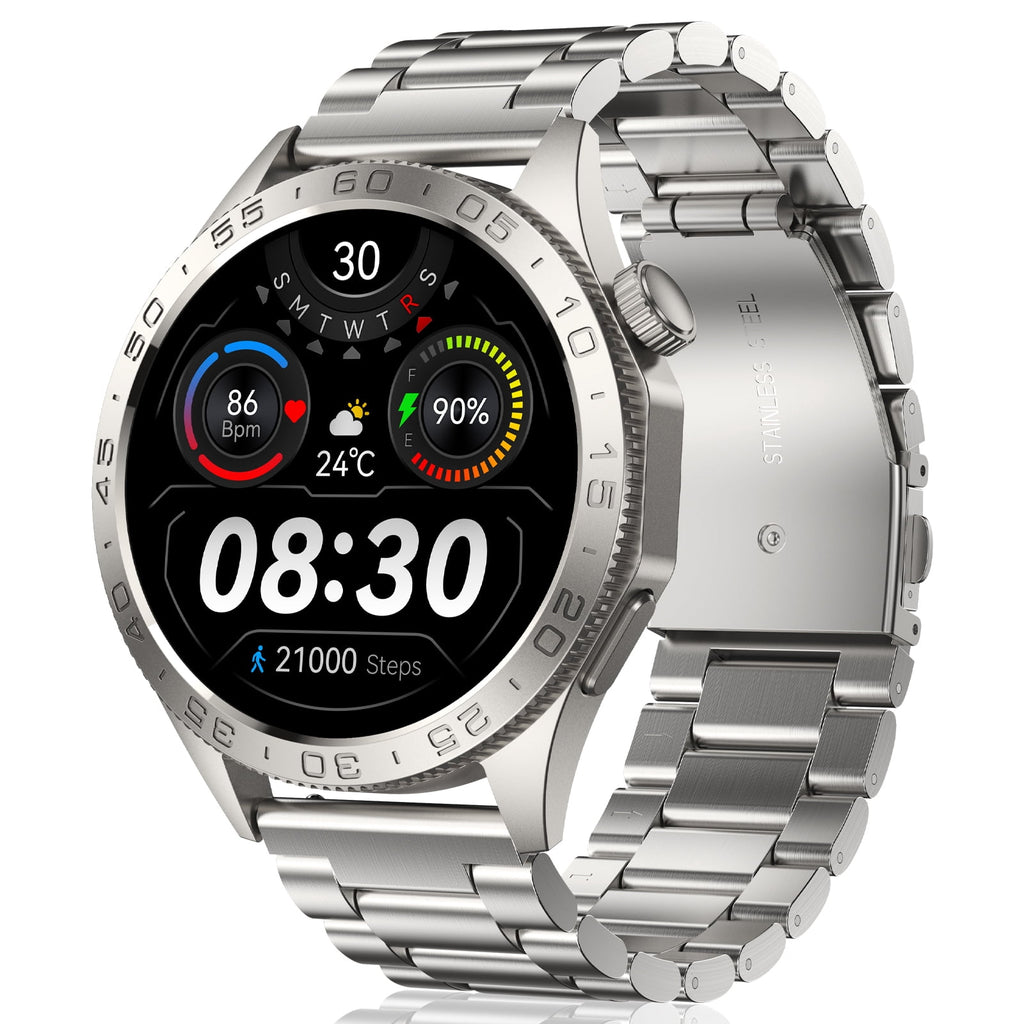 Smart Watch for Men(Answer/Dial Calls), 1.43'' AMOLED/100 Sports Modes, 5ATM Waterproof Fitness Watch with Fitness Tracking Fits for Android and iOS Smartwatch Silver Steel