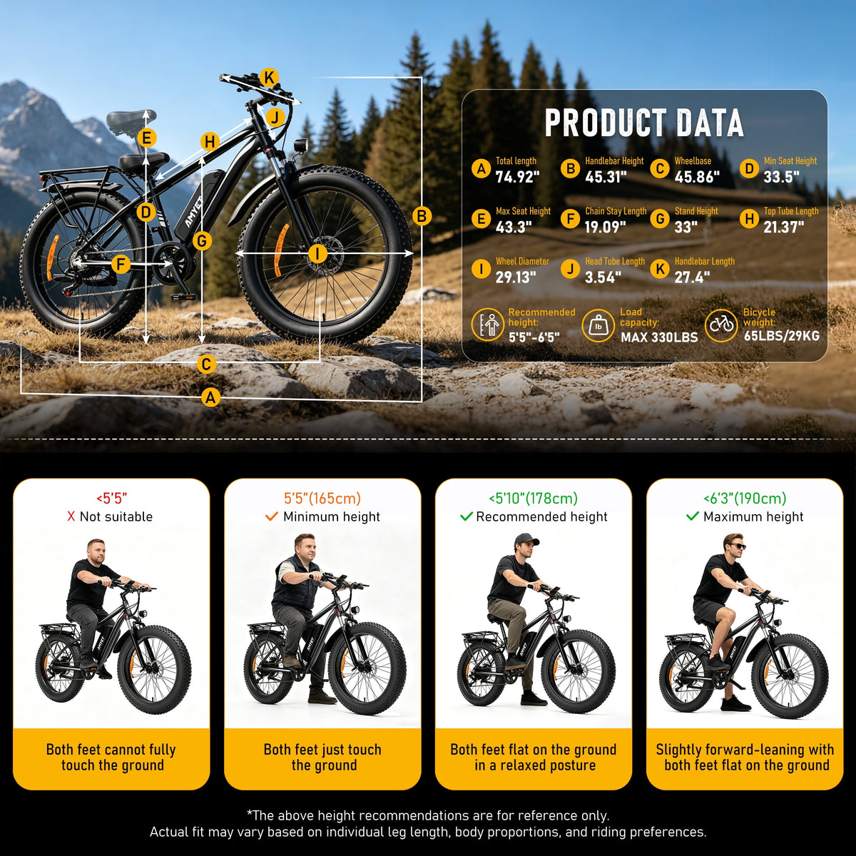 AMYET EB26 750W Electric Bike for Adults, 26" x 4" Fat Tire, 48V 15Ah, Black