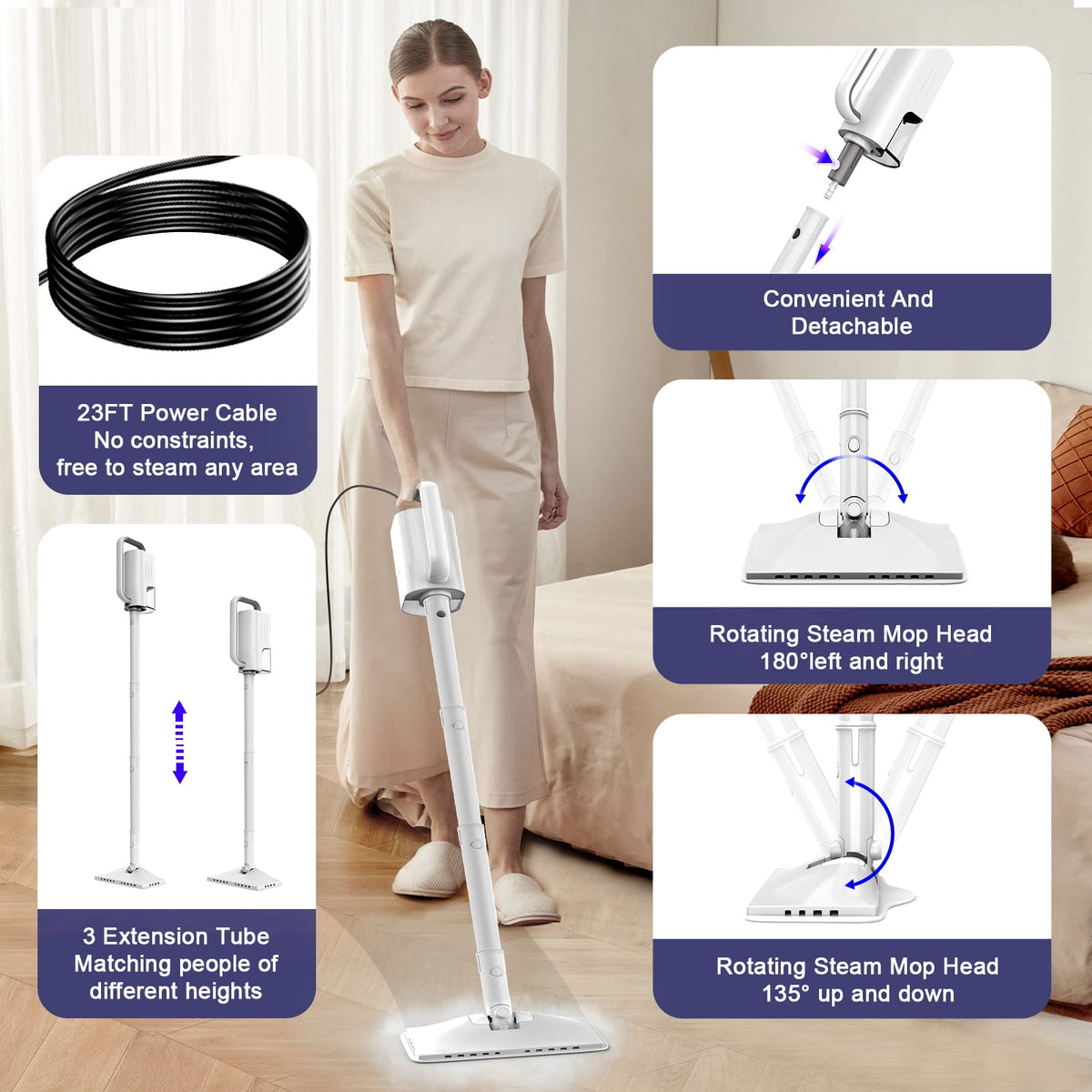 ONSON Steam Mop, 6-in-1 Detachable Handheld Steam Mop Cleaner with 2 Microfiber Pads for Hard Floor, Carpet