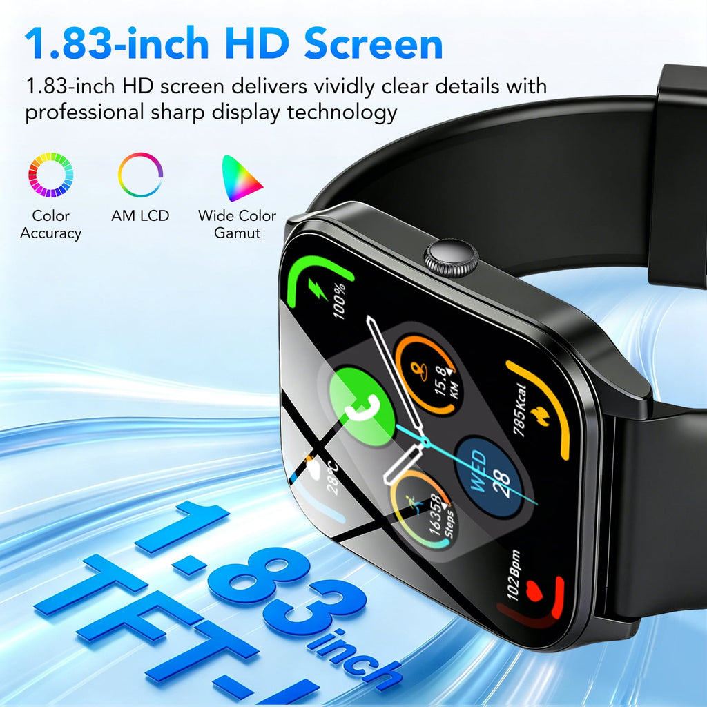 Smart Watch Fits for Android and iPhone, IP68 Waterproof Smartwatch for Women Men 100+ Sports Modes 1.85-inch Fitness Tracker, Smart Watch with Bluetooth Call(Answer/Make Calls), for Gift Black